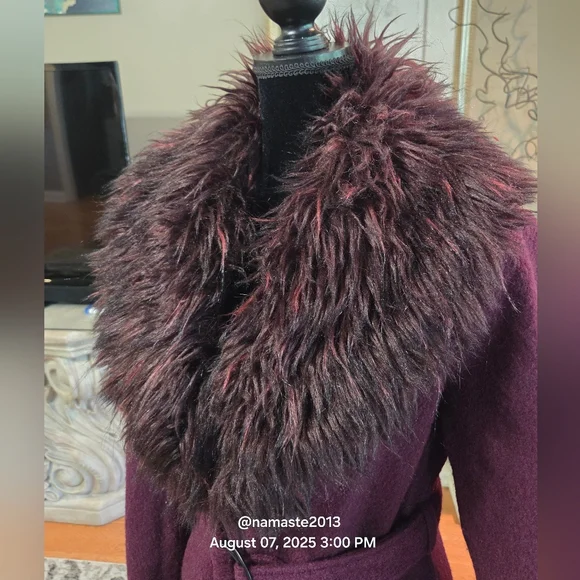 Guess Burgundy Purple Wool Blend Coat with Faux Mongolian Fur Trim Designer #679